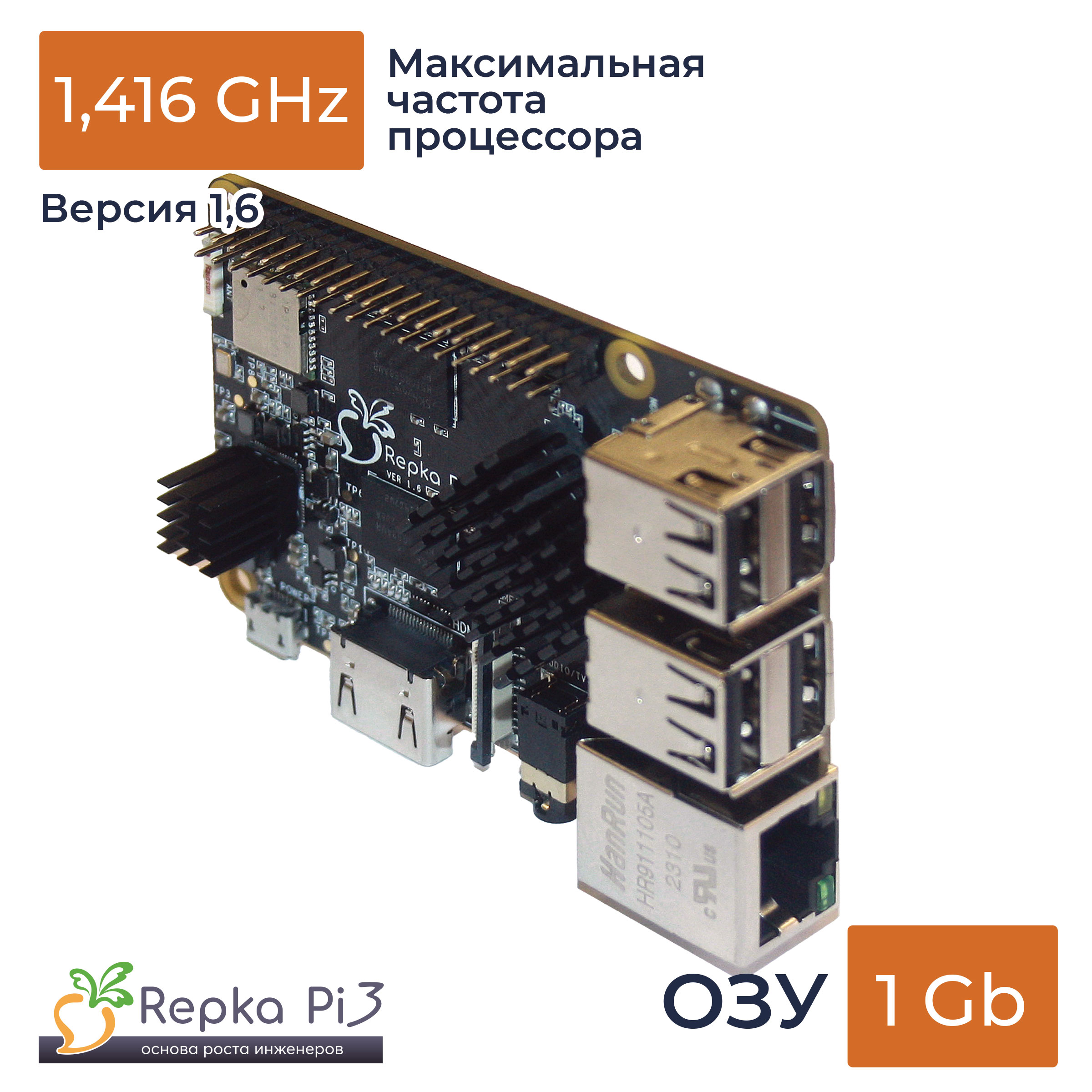 Одноплатный компьютер Repka Pi 3, 1.4 Ghz, 1 Gb ОЗУ, версия платы 1.6, без корпуса