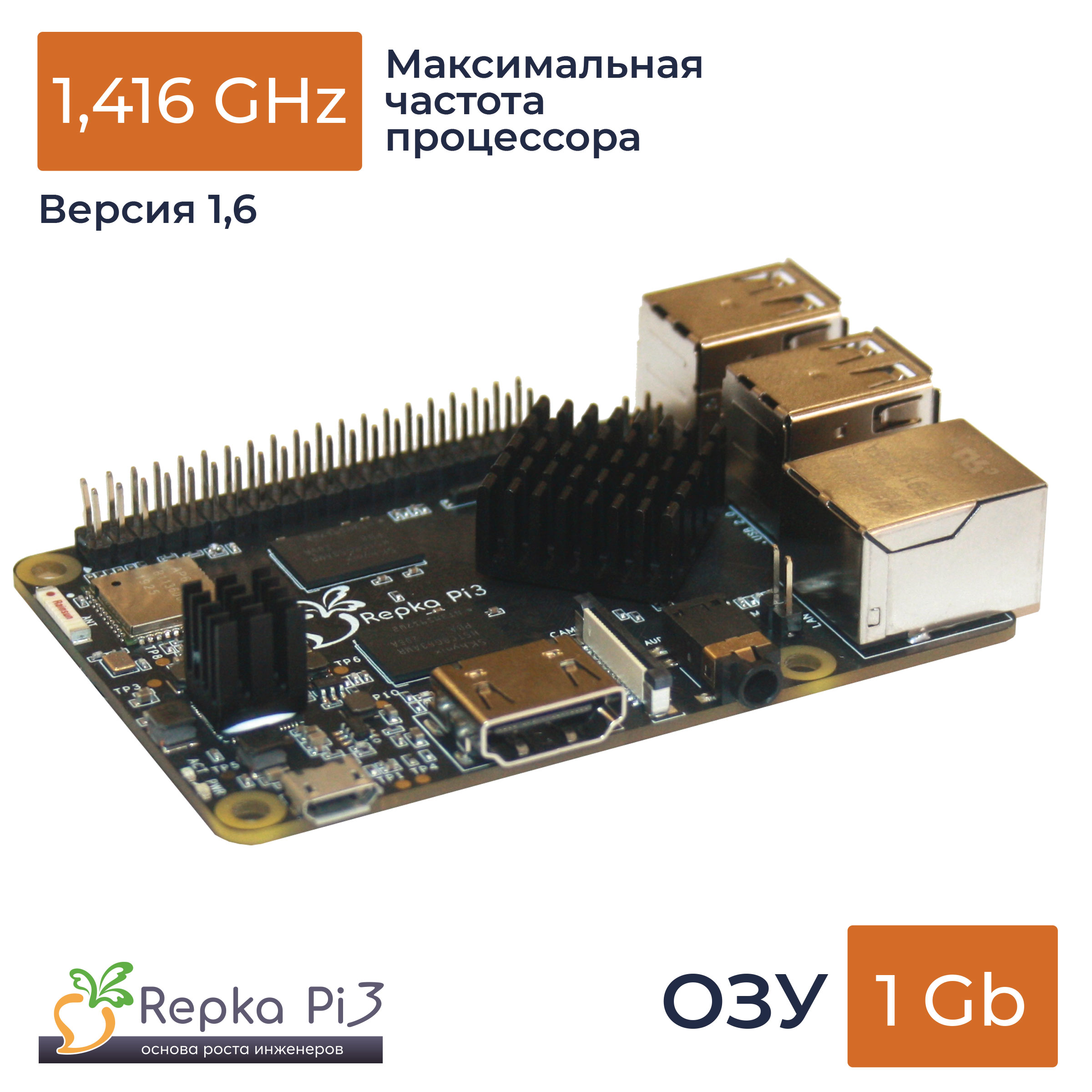 Одноплатный компьютер Repka Pi 3, 1.4 Ghz, 1 Gb ОЗУ, версия платы 1.6, без корпуса