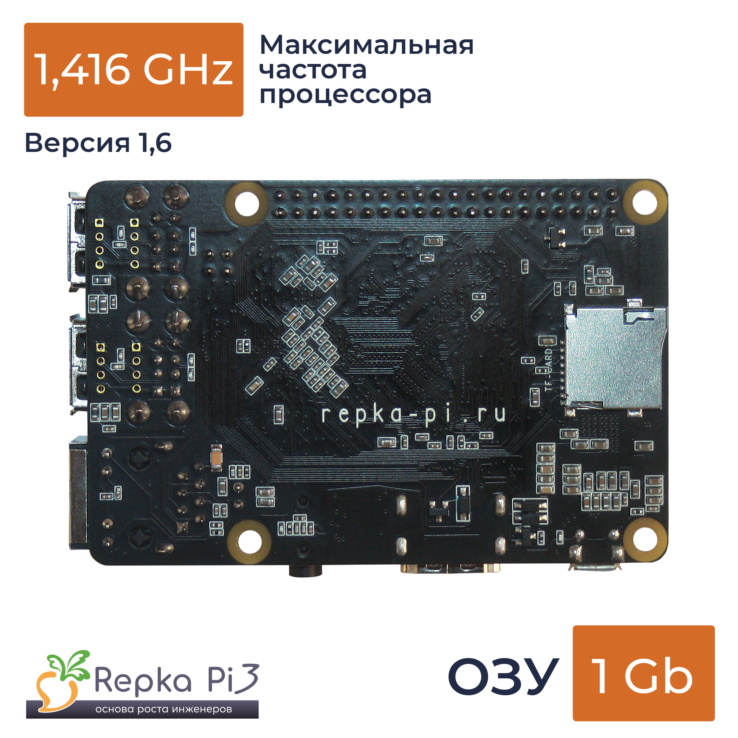 Одноплатный компьютер Repka Pi 3, 1.4 Ghz, 1 Gb ОЗУ, версия платы 1.6, без корпуса