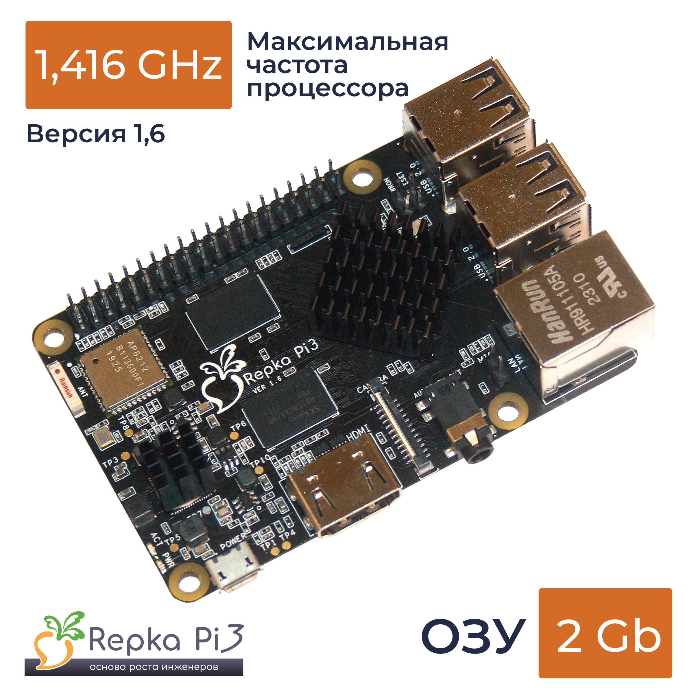 Одноплатный компьютер Repka Pi 3, 1.4 Ghz, 2 Gb ОЗУ, версия платы 1.6, без корпуса