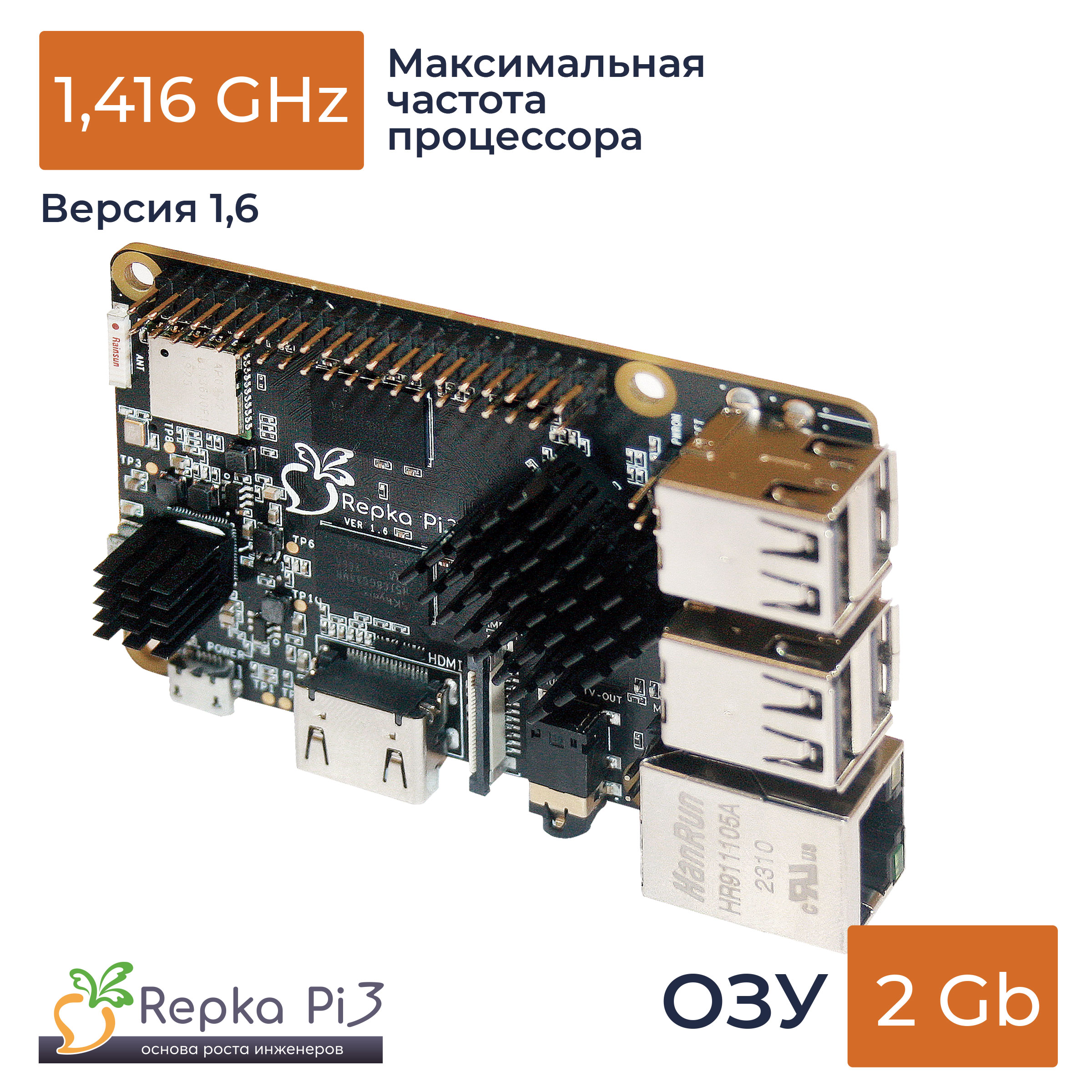 Одноплатный компьютер Repka Pi 3, 1.4 Ghz, 2 Gb ОЗУ, версия платы 1.6, без корпуса