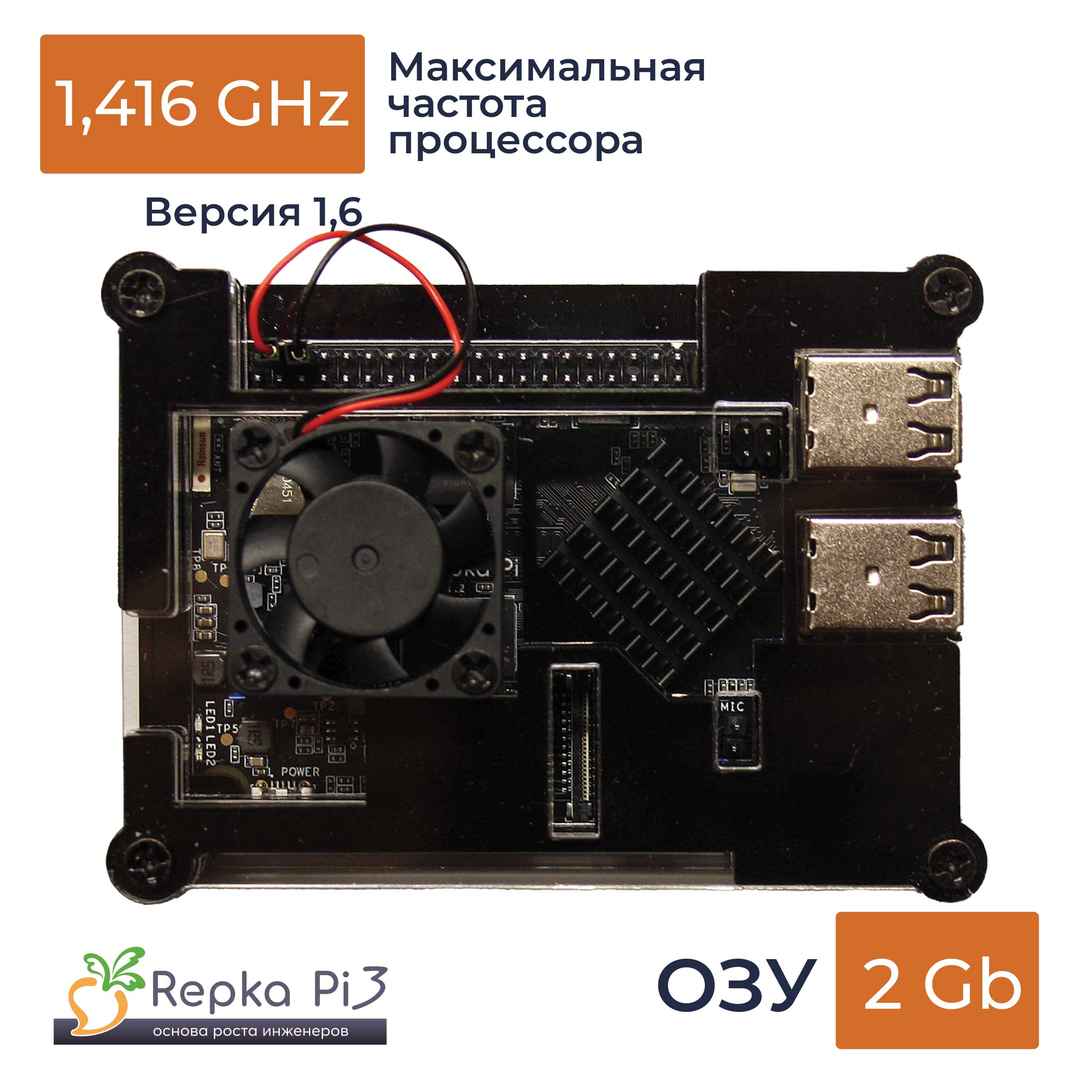 Одноплатный компьютер Repka Pi 3, 1.4 Ghz, 2 Gb ОЗУ, версия платы 1.6, в корпусе